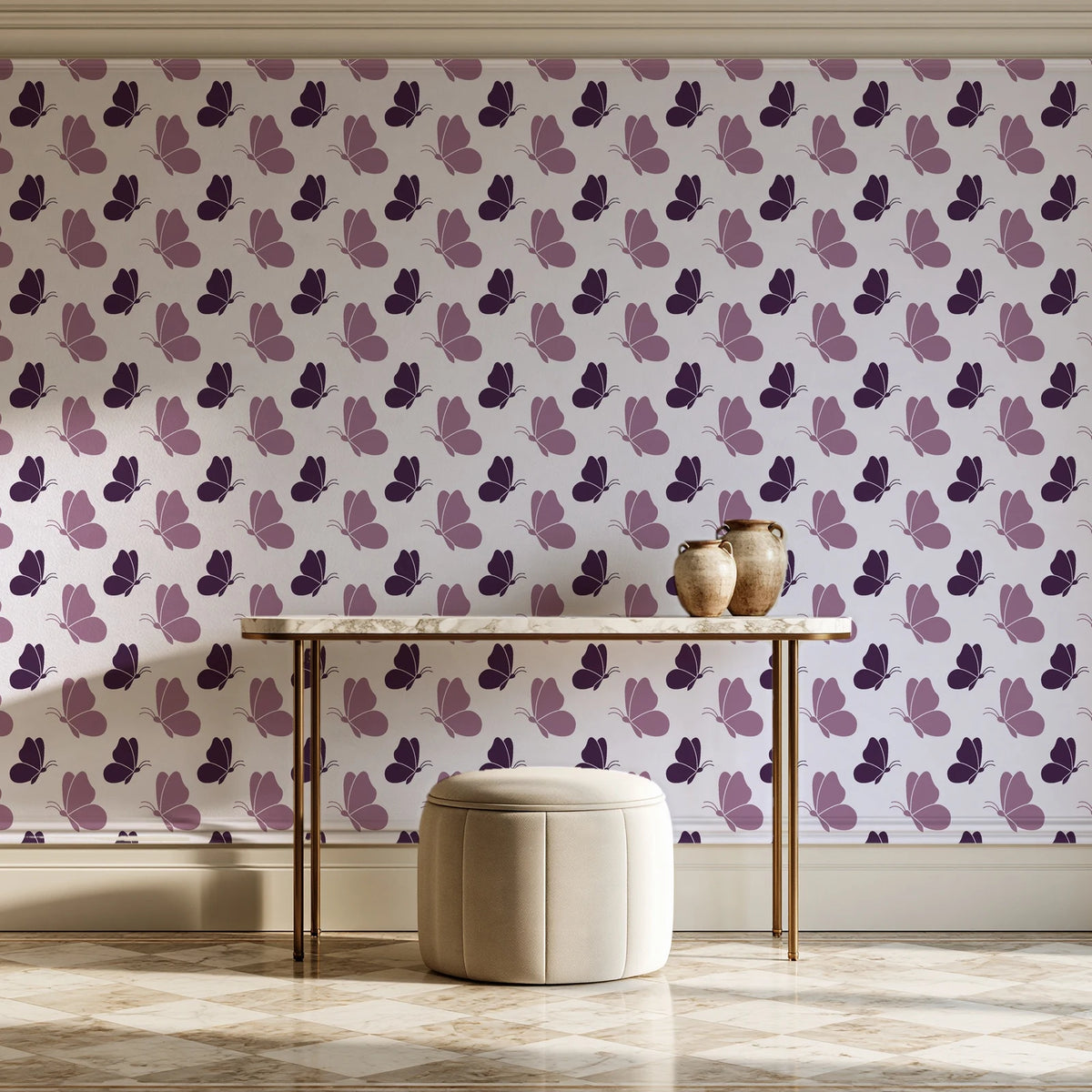 Dust & Wing Plum butterflies wallpaper on the wall of a grand entry foyer