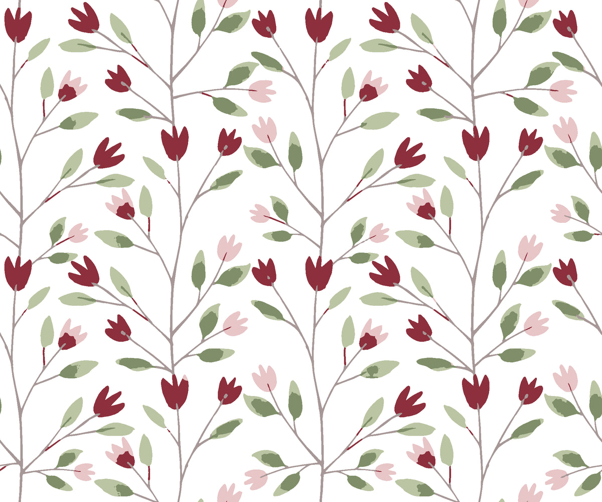 Ember & Leaf Garnet botanical floral wallpaper in garnet and sage