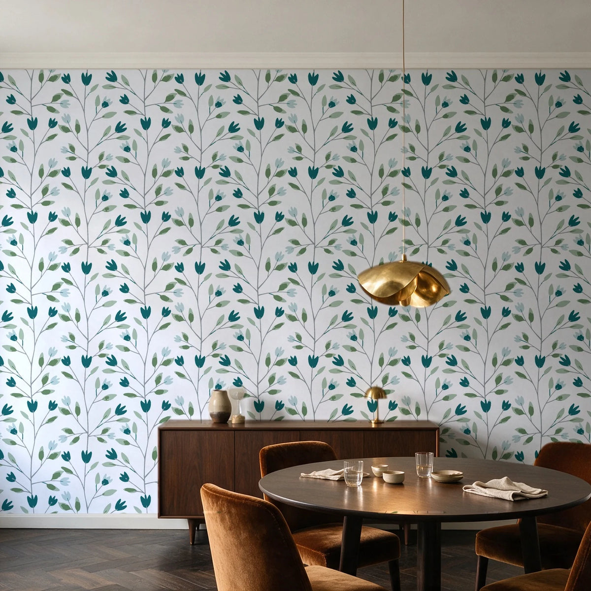 Ember & Leaf Peacock botanical floral wallpaper in an elegant dining room