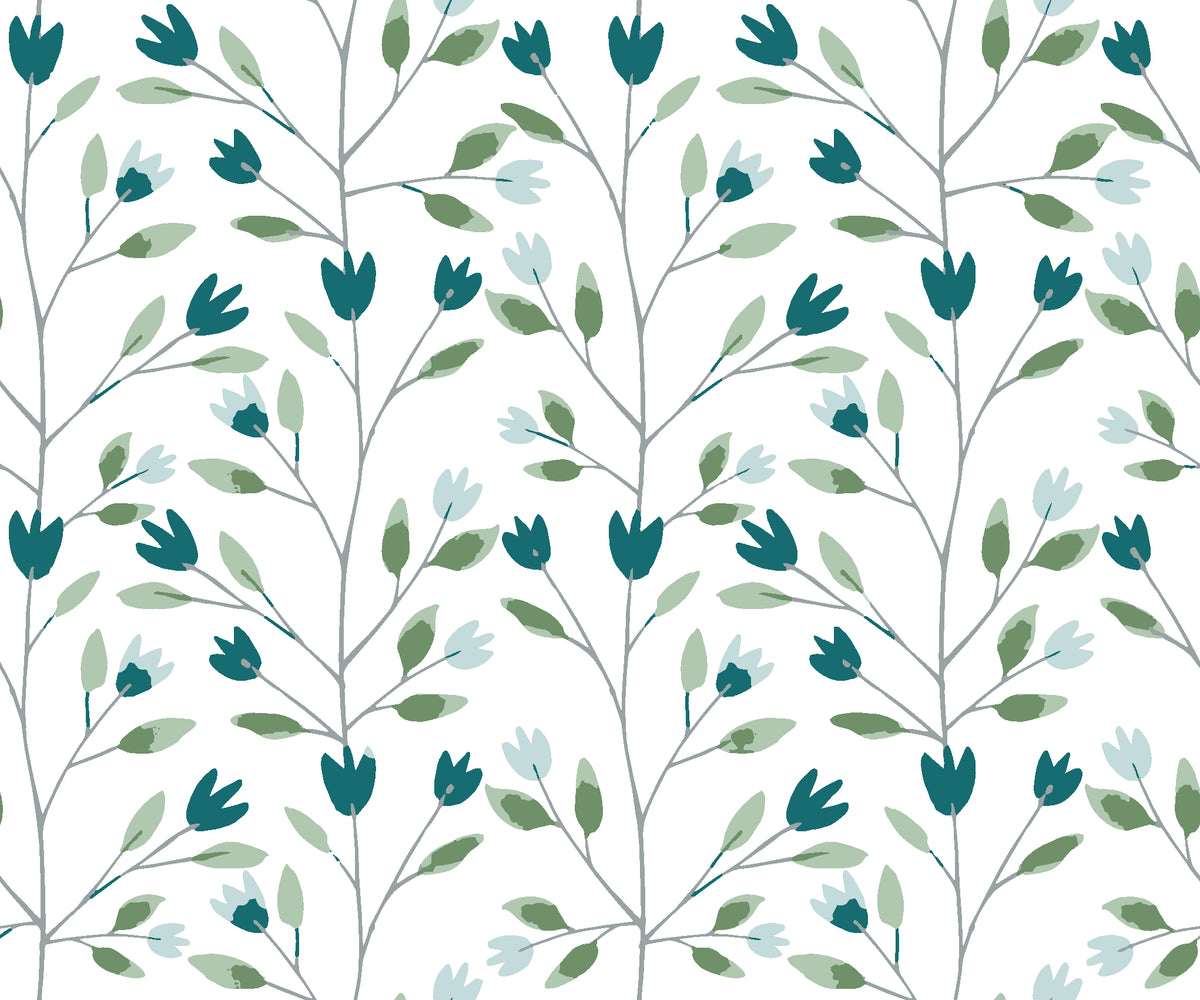 Ember & Leaf Peacock botanical floral wallpaper in peacock blue and moss