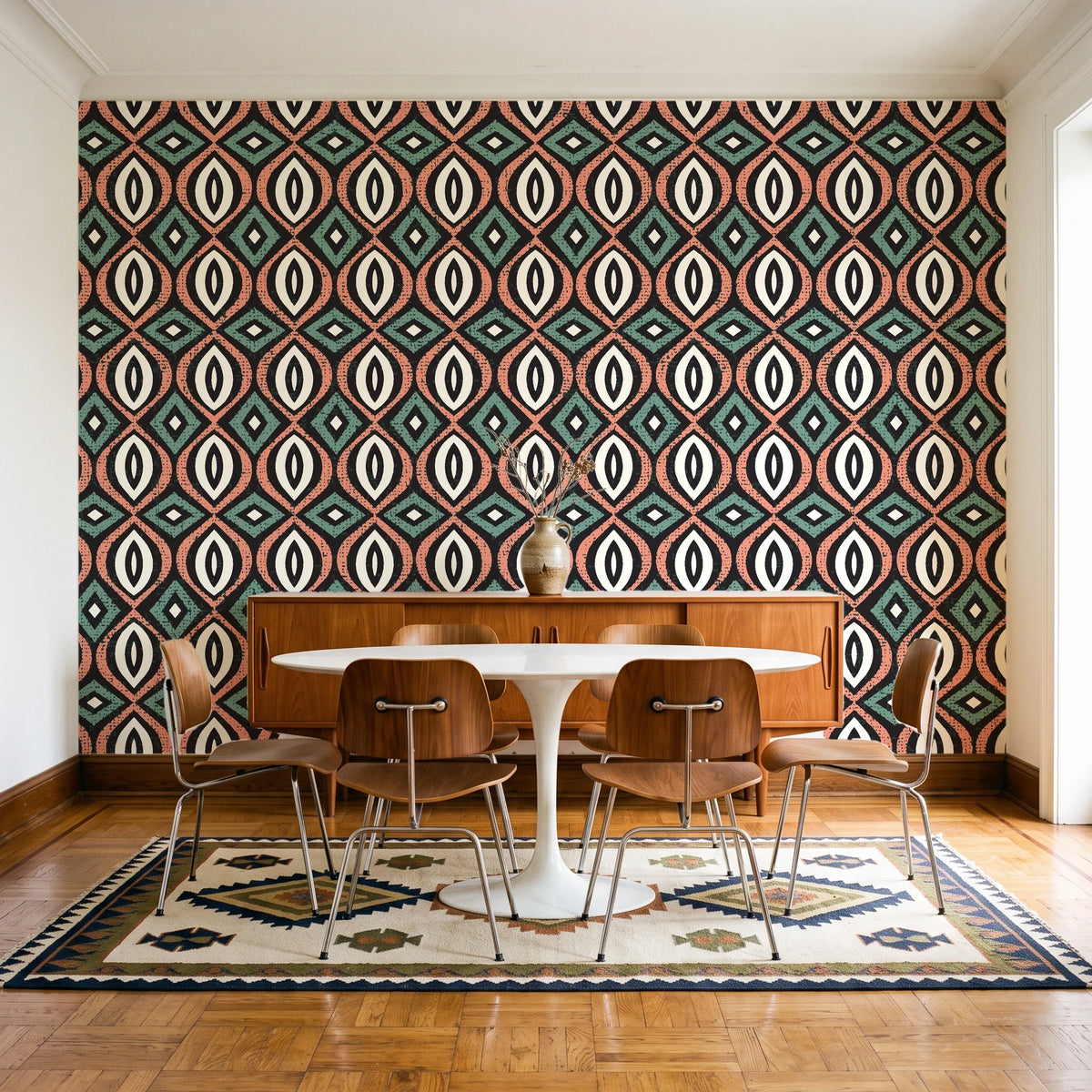 Ember & Iron Forest retro ogee wallpaper in a mid-century dining room with a teak sideboard and tulip table