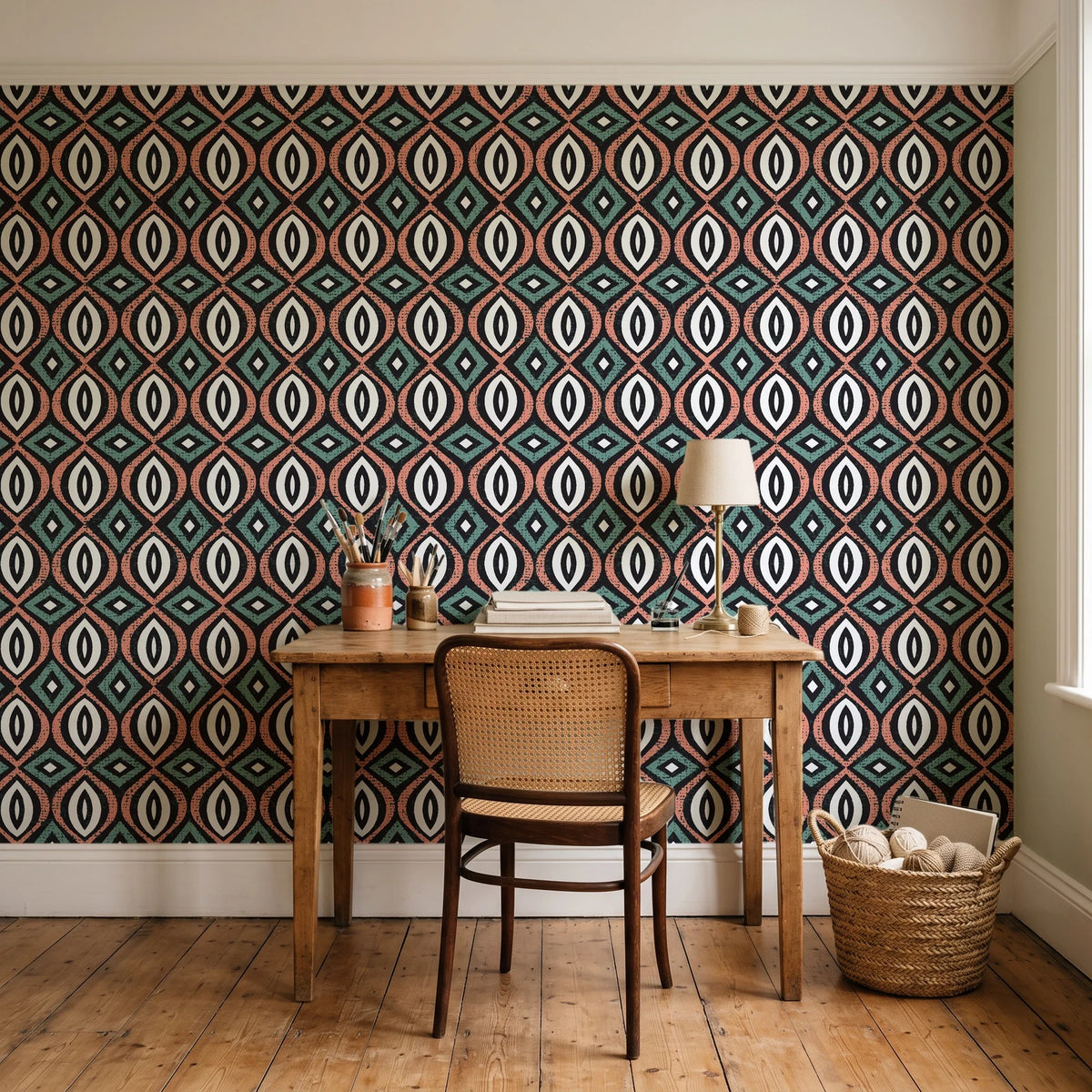 Ember & Iron Forest retro ogee wallpaper behind a vintage writing desk in a cozy craft-room home office