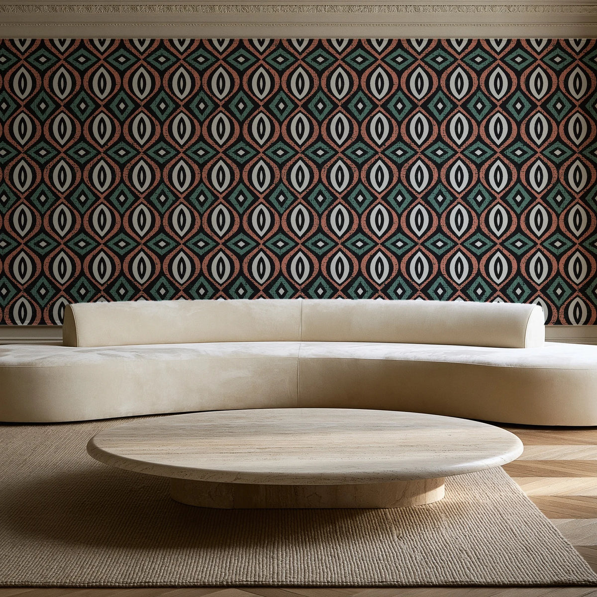 Ember & Iron Forest retro ogee wallpaper in an elegant living room