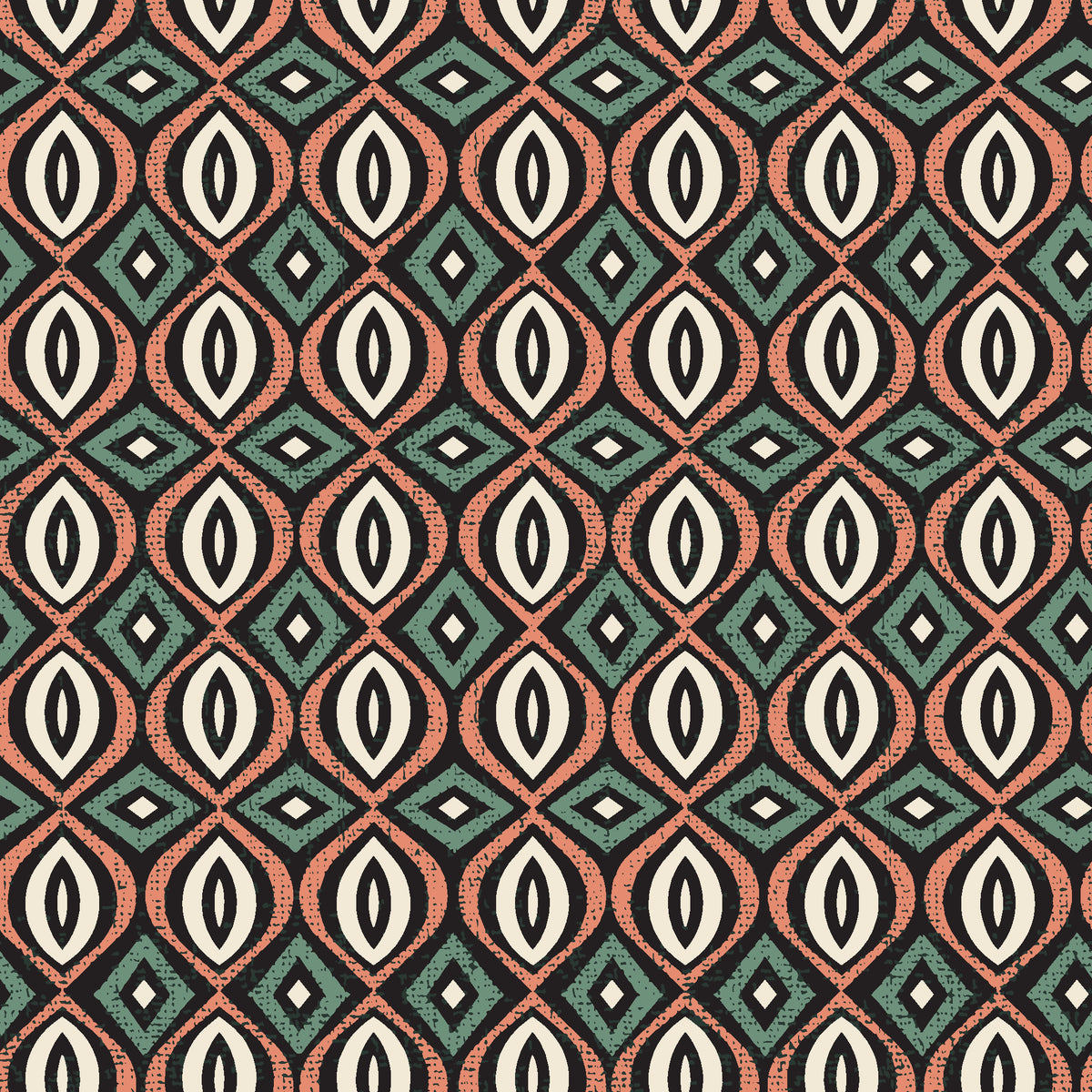 Ember & Iron Forest retro ogee wallpaper in forest and coral