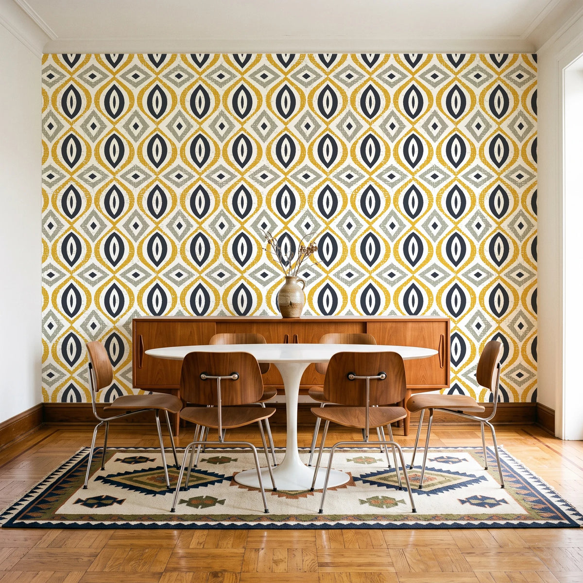 Ember & Iron Mustard retro ogee wallpaper in a mid-century dining room with a teak sideboard and tulip table