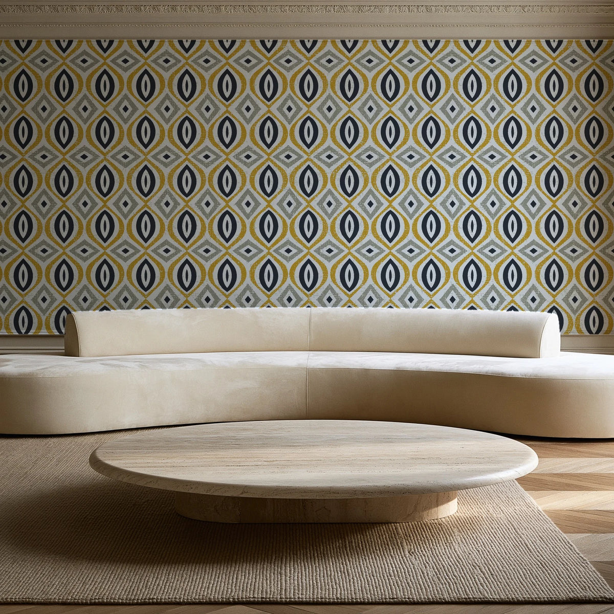 Ember & Iron Mustard retro ogee wallpaper in an elegant living room