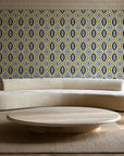 Ember & Iron Mustard retro ogee wallpaper in an elegant living room