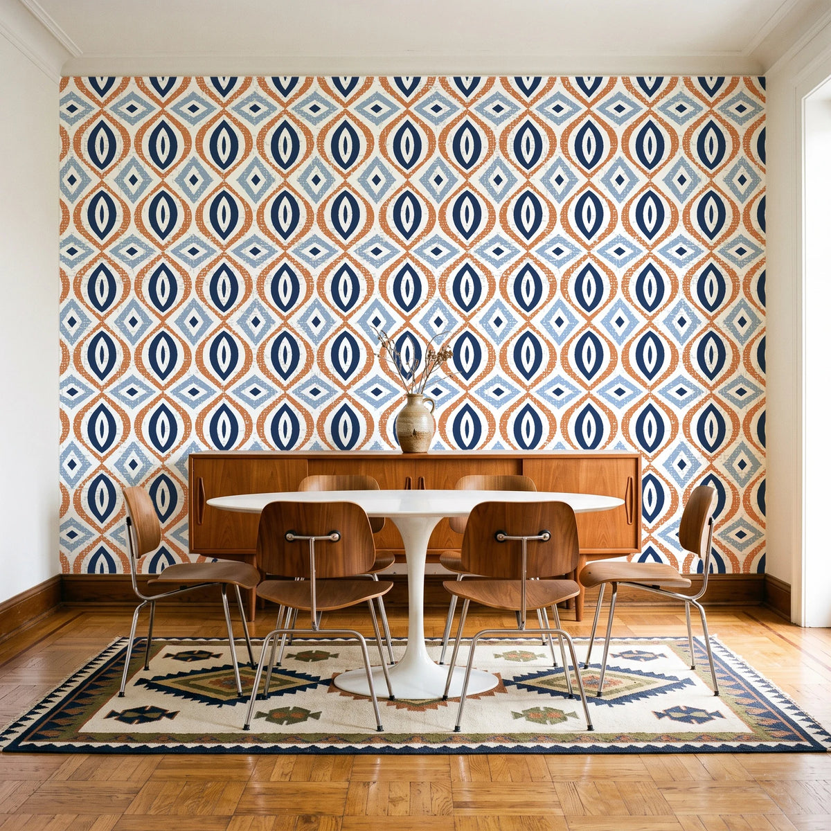 Ember & Iron Navy retro ogee wallpaper in a mid-century dining room with a teak sideboard and tulip table