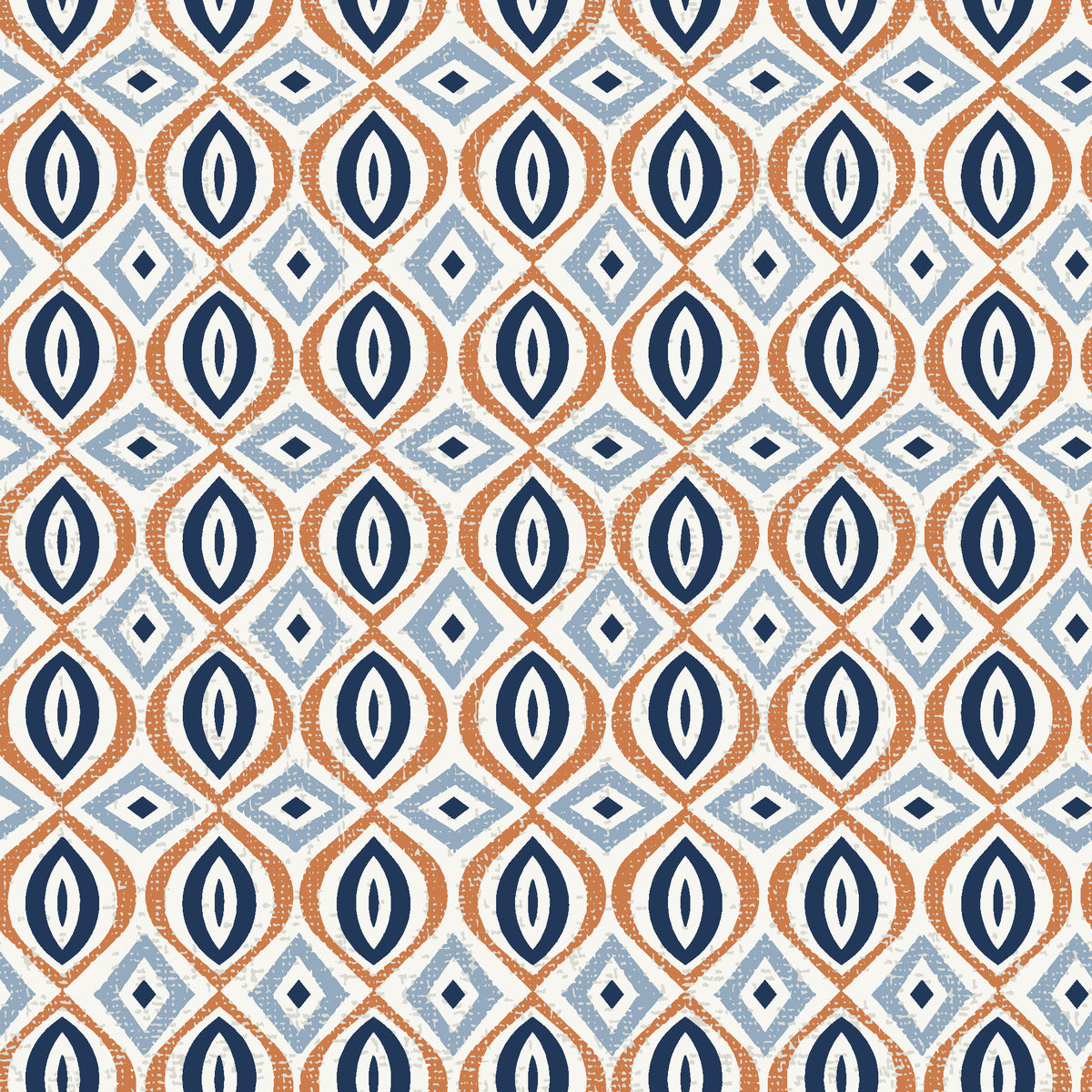Ember & Iron Navy retro ogee wallpaper in navy and copper