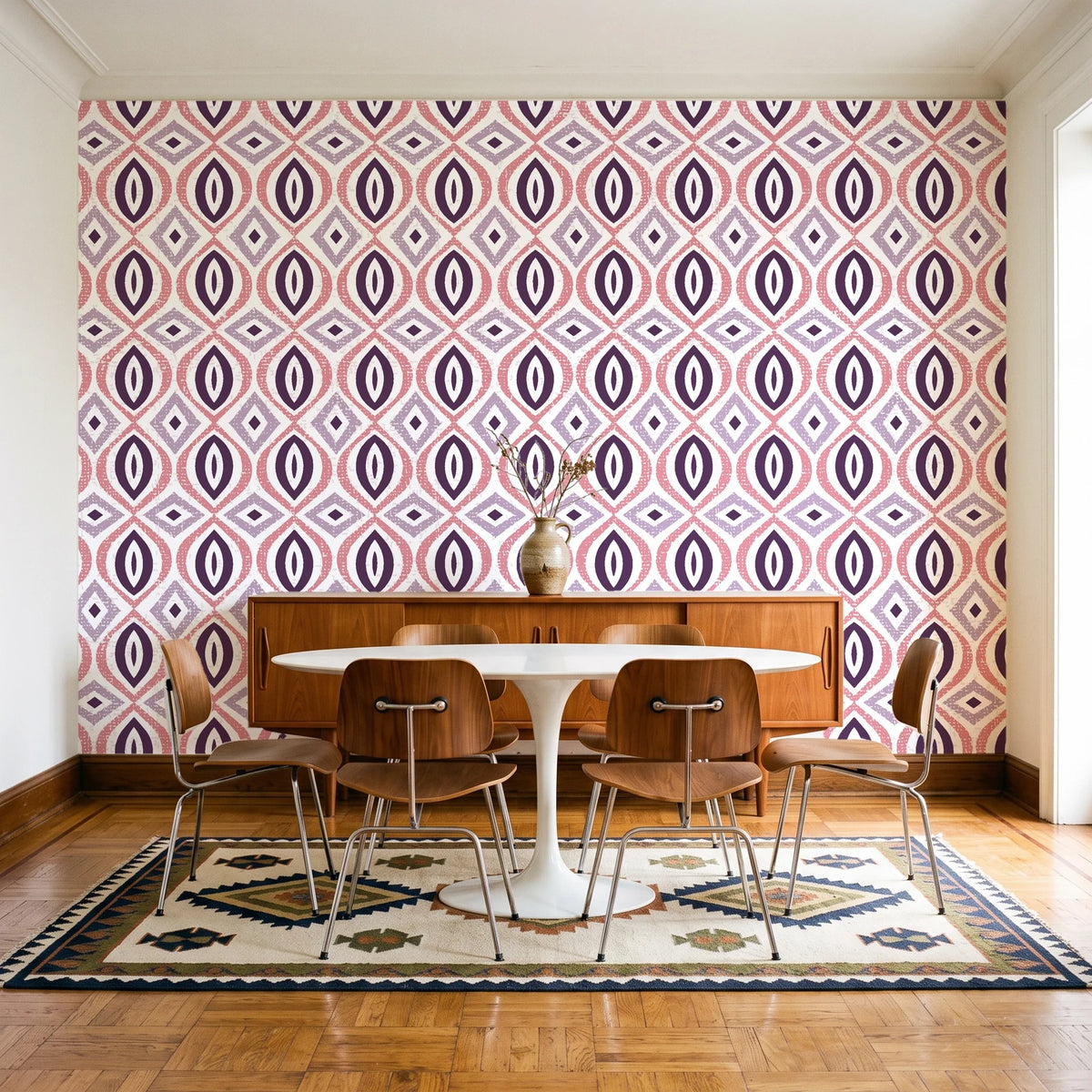 Ember & Iron Plum retro ogee wallpaper in a mid-century dining room with a teak sideboard and tulip table