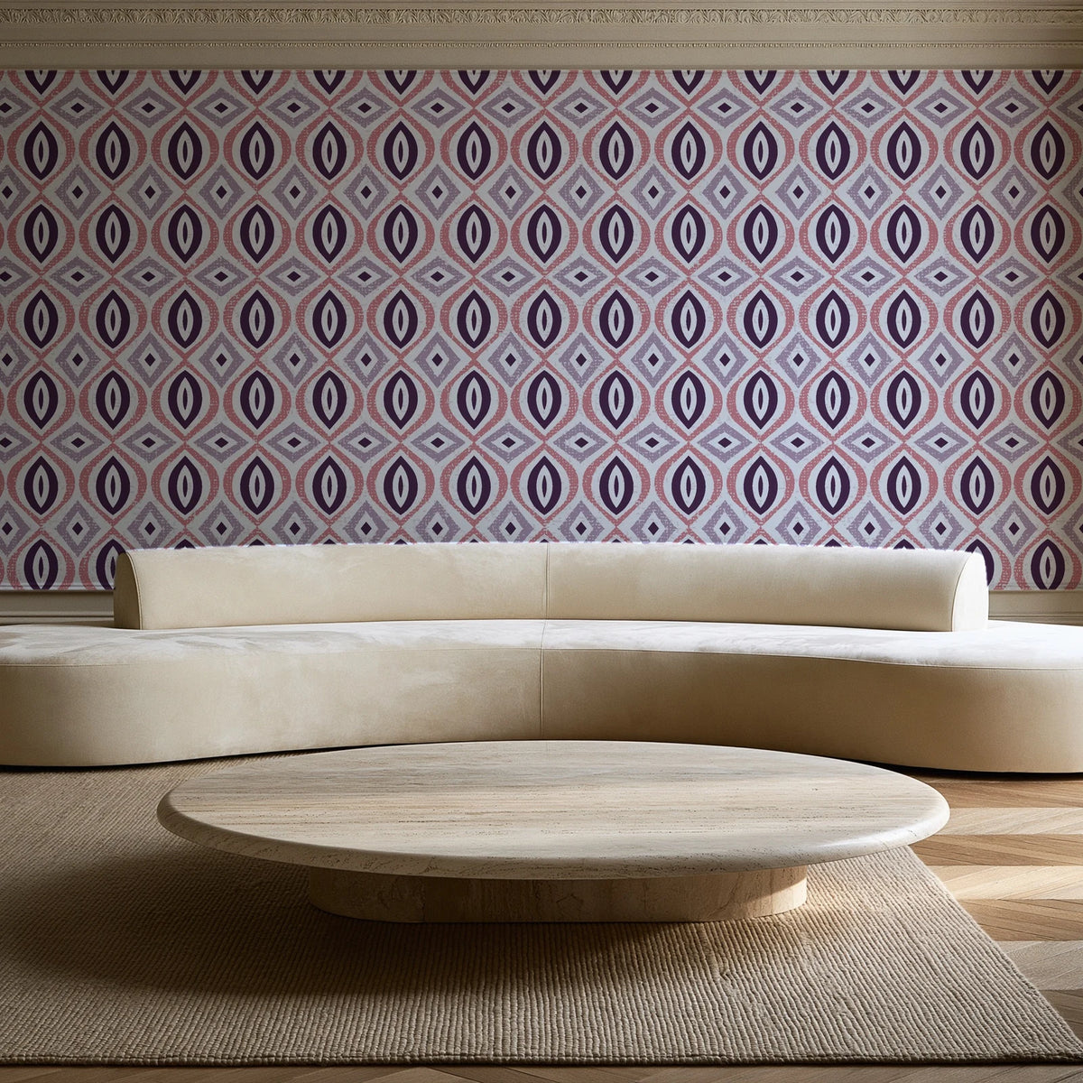 Ember & Iron Plum retro ogee wallpaper in an elegant living room