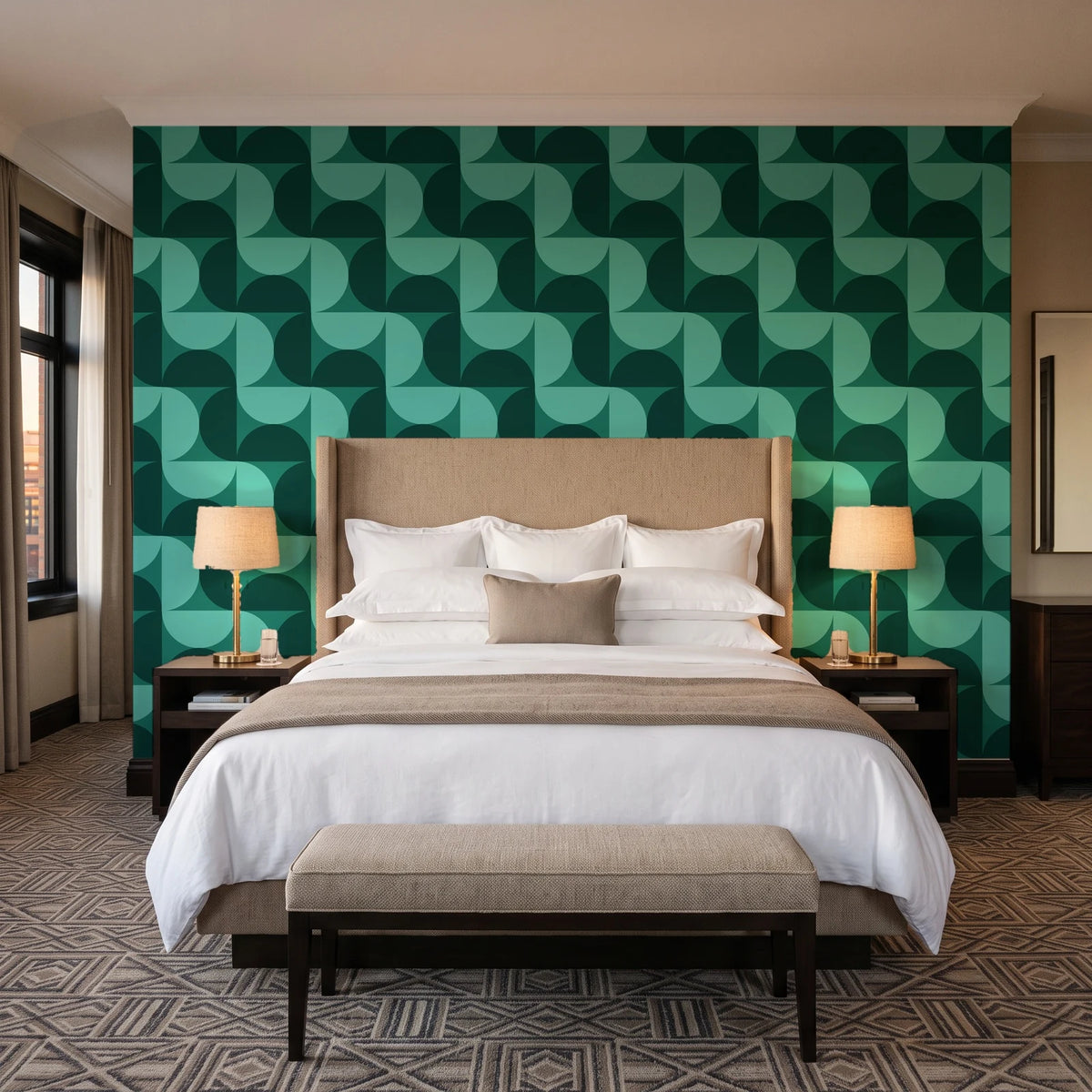 Ember Mosaic Emerald retro geometric wallpaper behind the headboard of a king bed in a contemporary hotel guest room