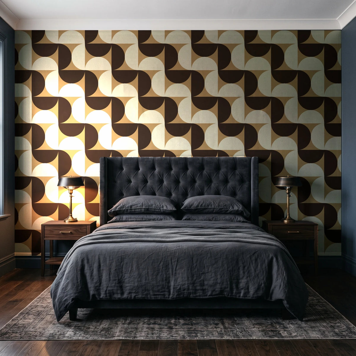 Ember Mosaic Mocha retro geometric wallpaper behind a tufted headboard in a dark, moody bedroom