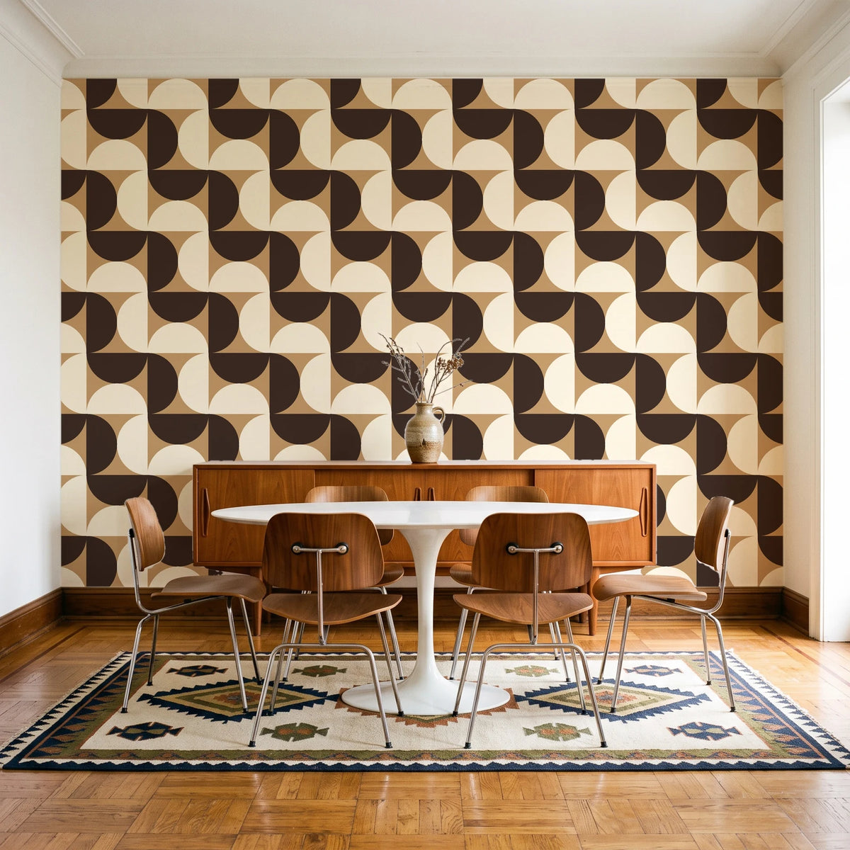 Ember Mosaic Mocha retro geometric wallpaper in a mid-century dining room with a teak sideboard and tulip table