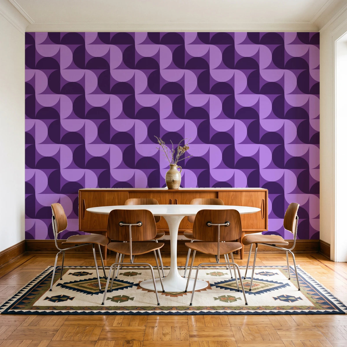 Ember Mosaic Plum retro geometric wallpaper in a mid-century dining room with a teak sideboard and tulip table