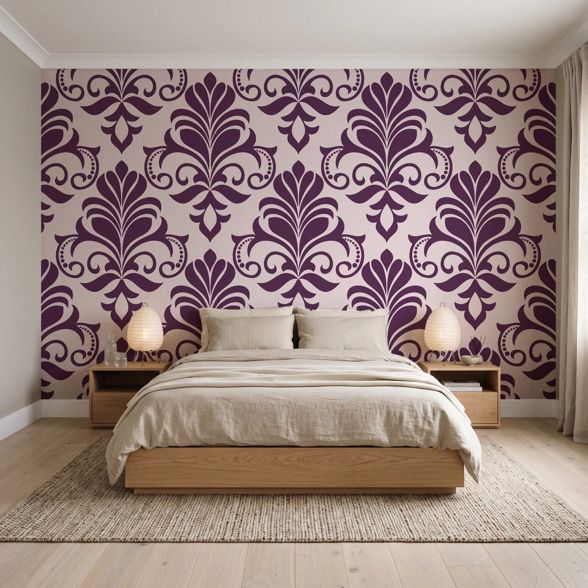 Ethereal Flowers Aubergine damask wallpaper behind a low platform bed in a serene Japandi bedroom