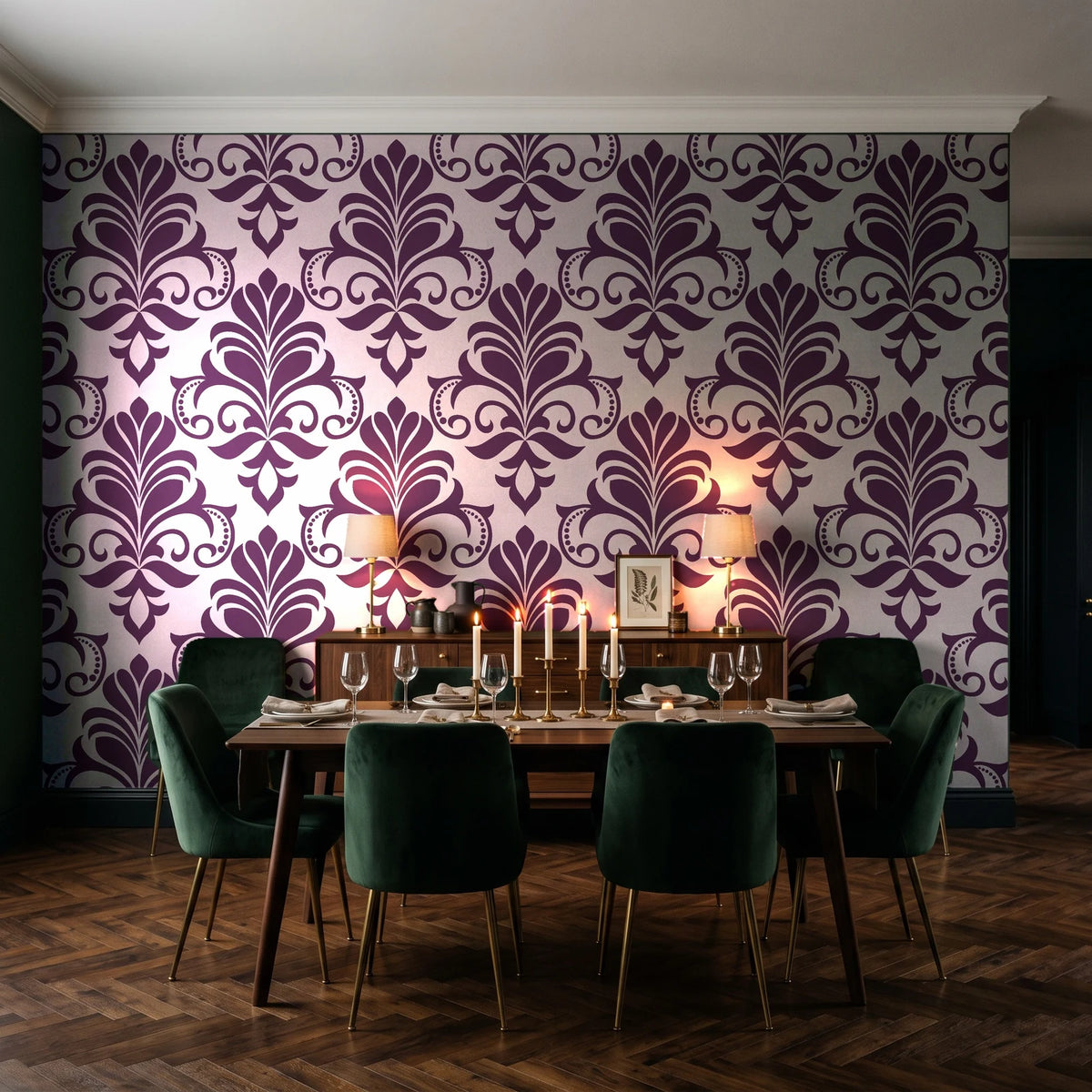 Ethereal Flowers Aubergine damask wallpaper in a dark moody dining room with a candlelit table
