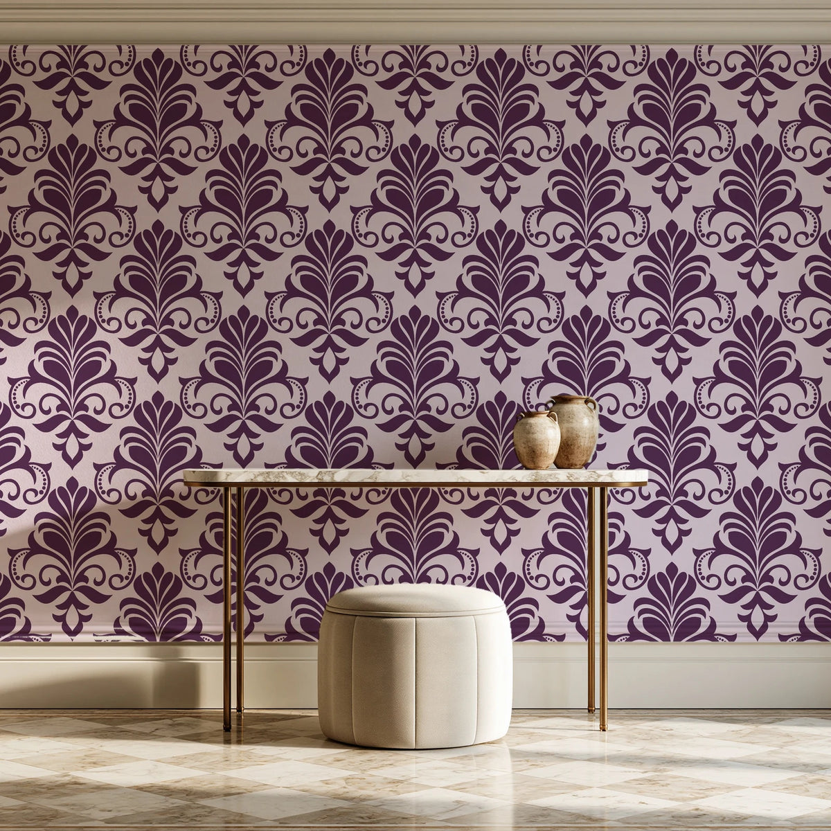 Ethereal Flowers Aubergine damask wallpaper on the wall of a grand entry foyer