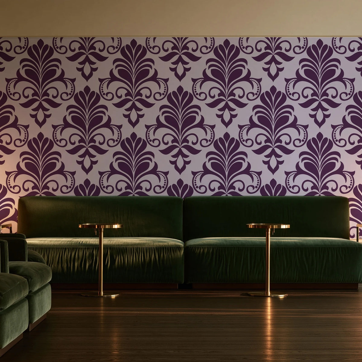 Ethereal Flowers Aubergine damask wallpaper in an intimate luxury cocktail lounge
