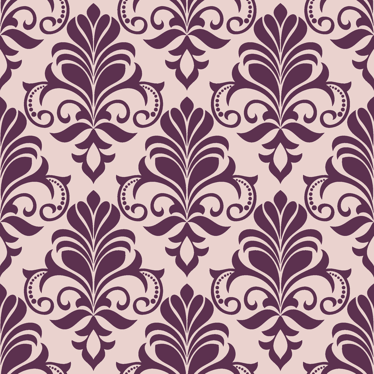 Ethereal Flowers Aubergine damask wallpaper in aubergine and blush