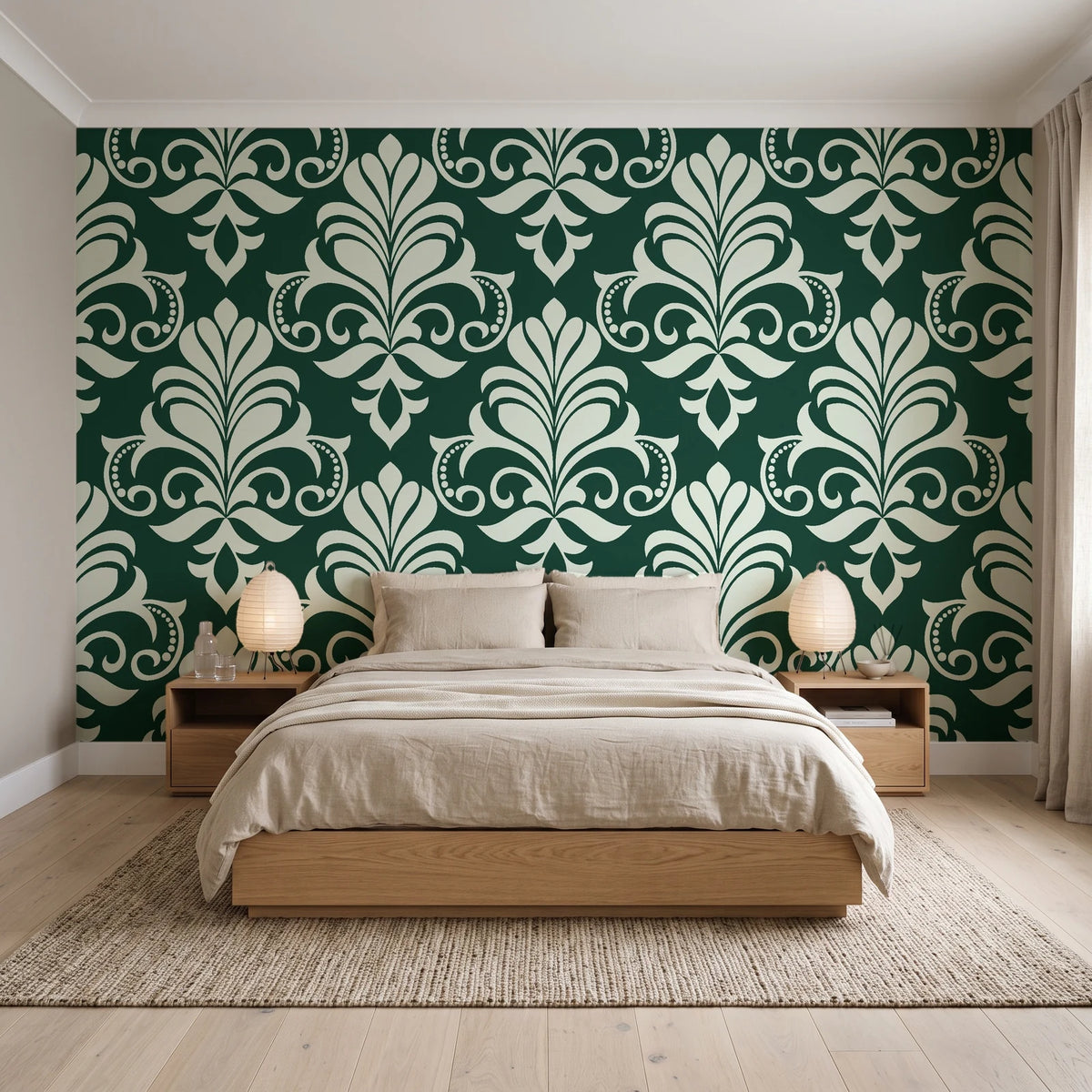 Ethereal Flowers Emerald damask wallpaper behind a low platform bed in a serene Japandi bedroom