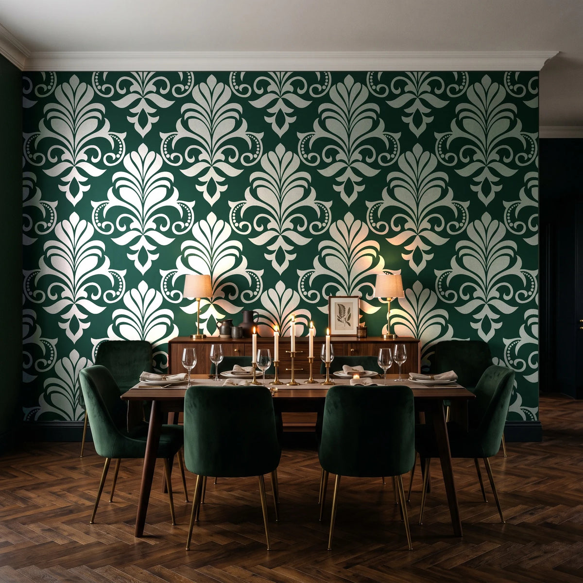 Ethereal Flowers Emerald damask wallpaper in a dark moody dining room with a candlelit table