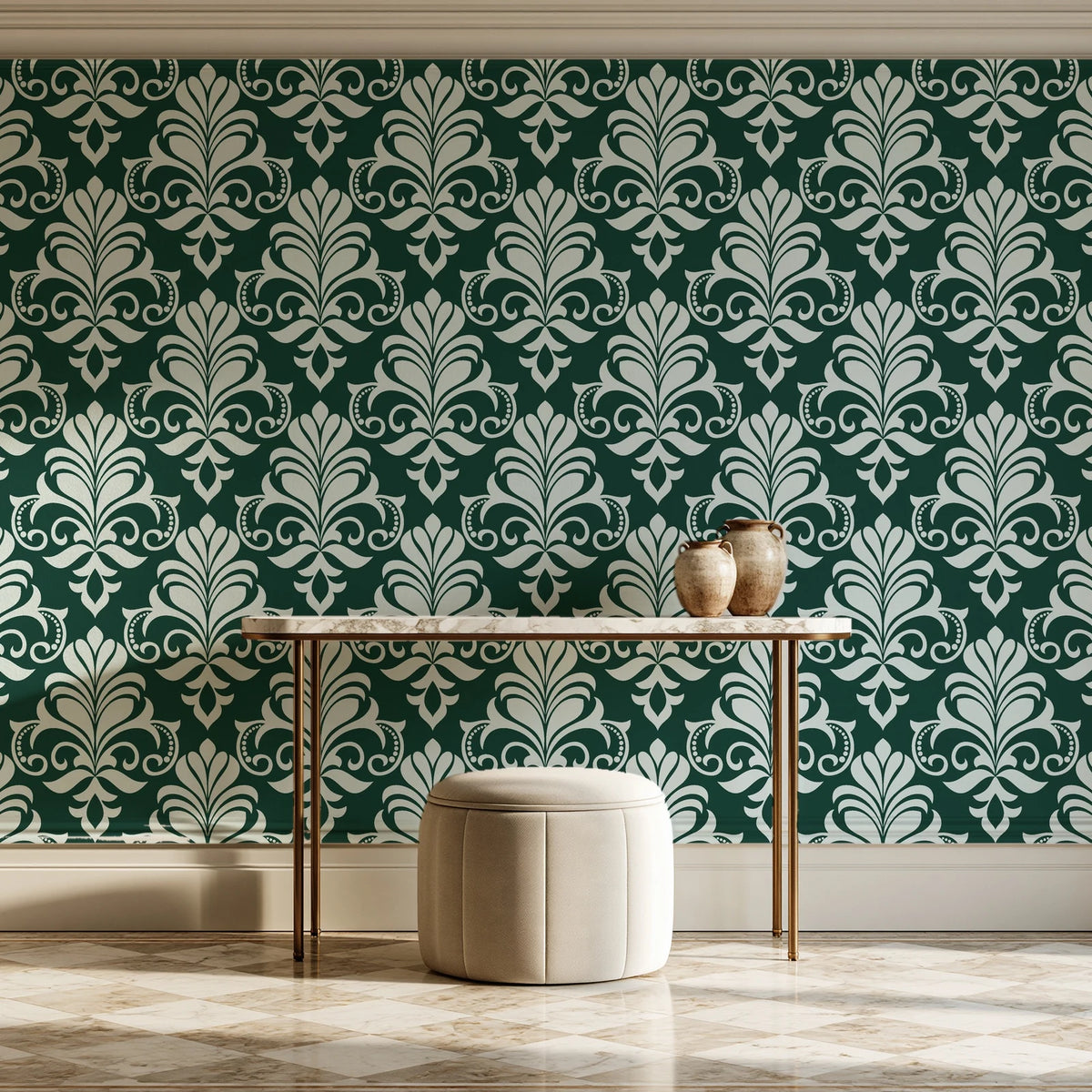 Ethereal Flowers Emerald damask wallpaper on the wall of a grand entry foyer