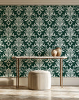 Ethereal Flowers Emerald damask wallpaper on the wall of a grand entry foyer