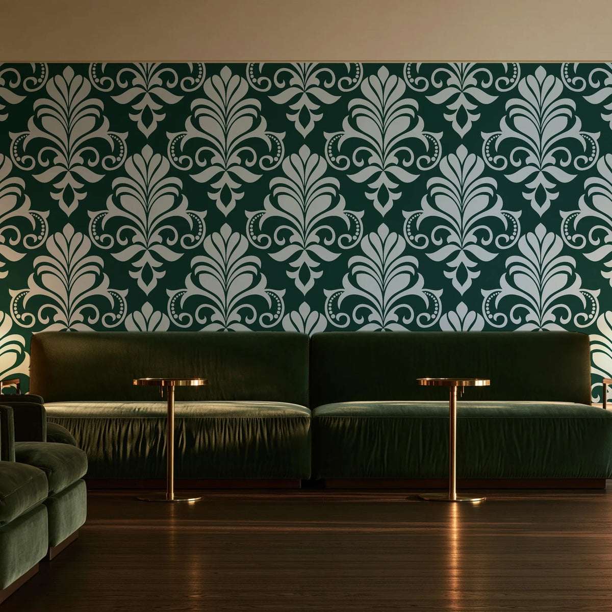 Ethereal Flowers Emerald damask wallpaper in an intimate luxury cocktail lounge