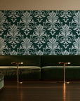 Ethereal Flowers Emerald damask wallpaper in an intimate luxury cocktail lounge