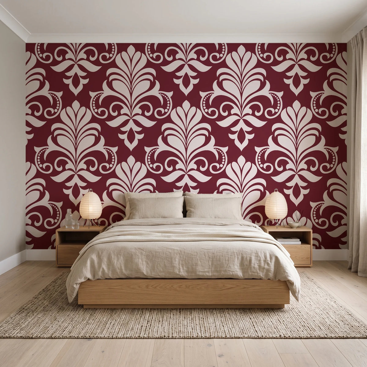 Ethereal Flowers Garnet damask wallpaper behind a low platform bed in a serene Japandi bedroom