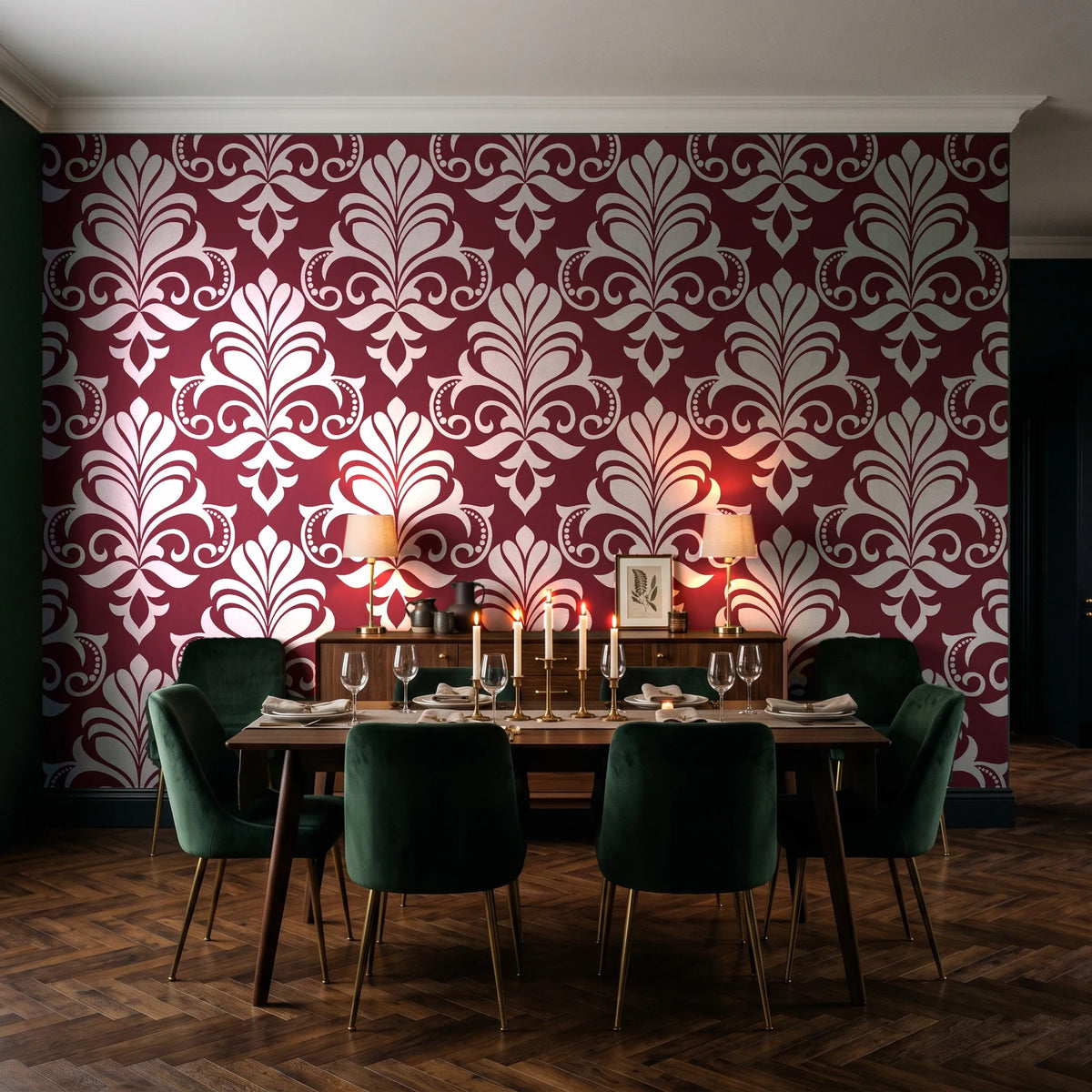 Ethereal Flowers Garnet damask wallpaper in a dark moody dining room with a candlelit table