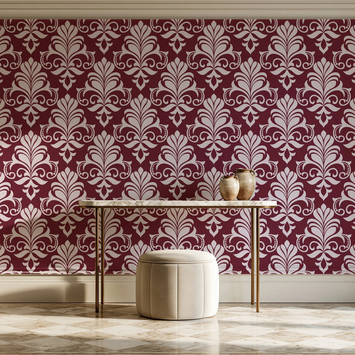 Ethereal Flowers Garnet damask wallpaper on the wall of a grand entry foyer