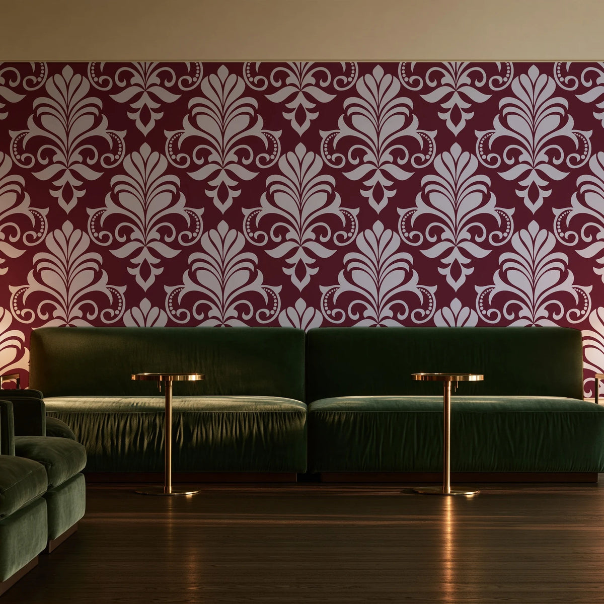 Ethereal Flowers Garnet damask wallpaper in an intimate luxury cocktail lounge