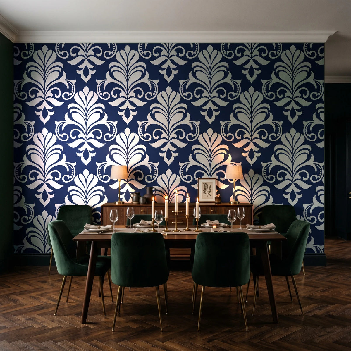 Ethereal Flowers Midnight damask wallpaper in a dark moody dining room with a candlelit table