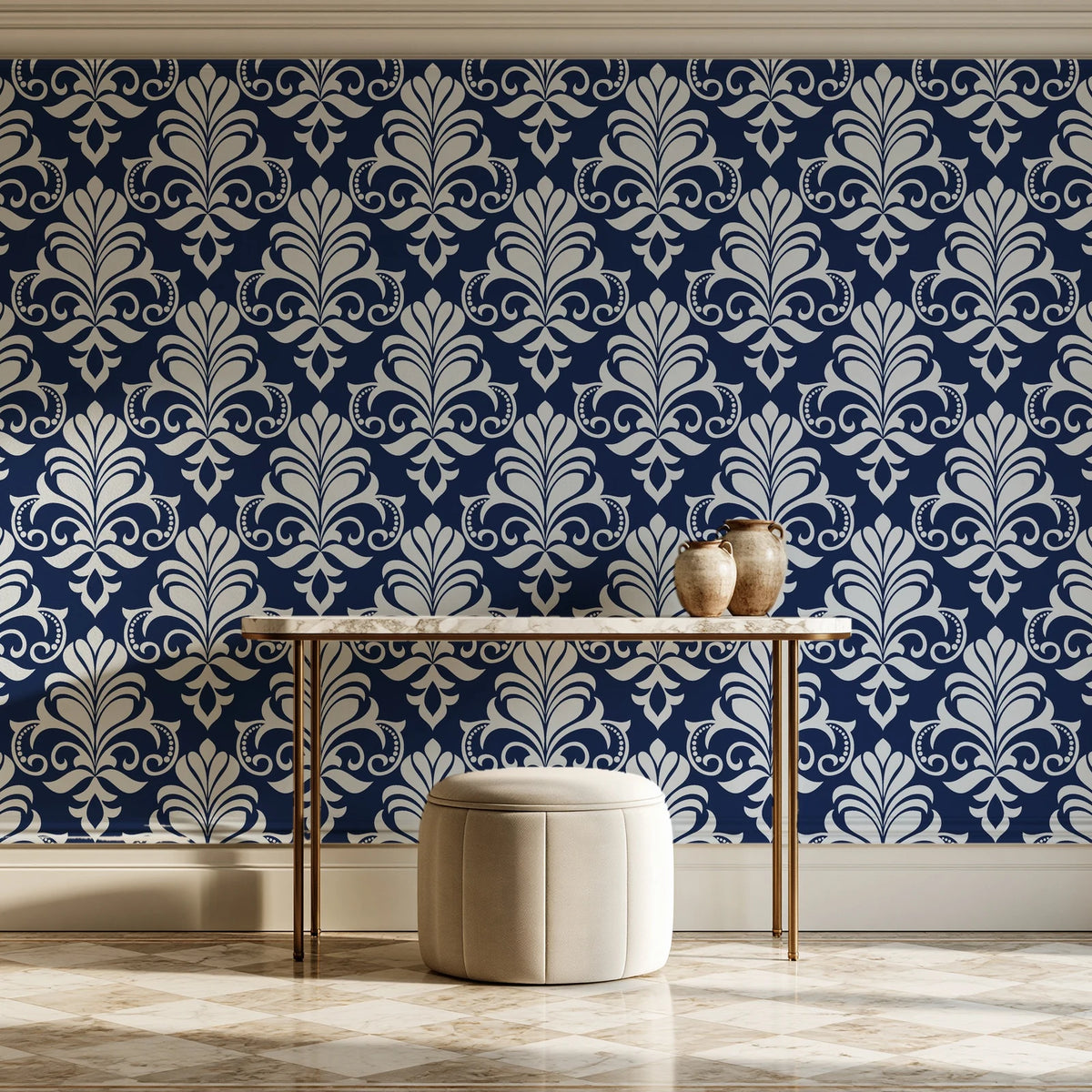 Ethereal Flowers Midnight damask wallpaper on the wall of a grand entry foyer