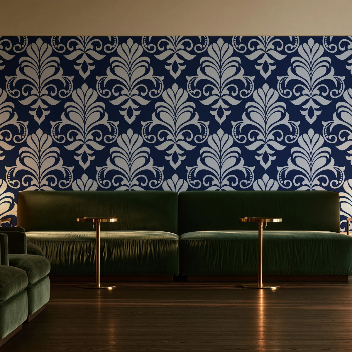 Ethereal Flowers Midnight damask wallpaper in an intimate luxury cocktail lounge
