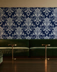 Ethereal Flowers Midnight damask wallpaper in an intimate luxury cocktail lounge