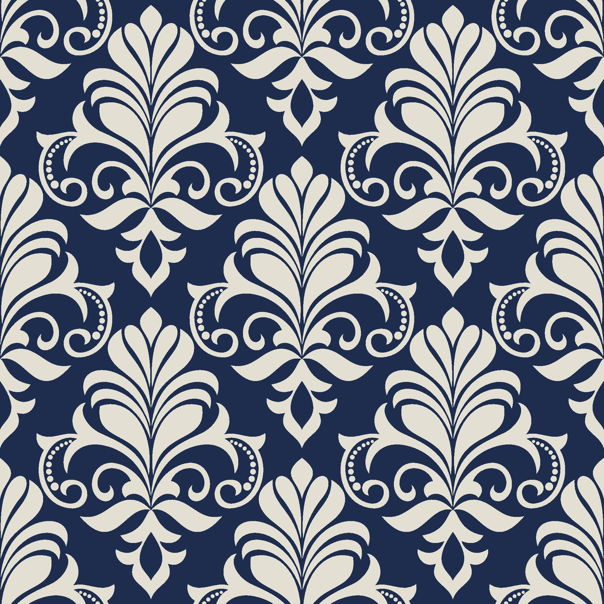 Ethereal Flowers Midnight damask wallpaper in midnight navy and pearl