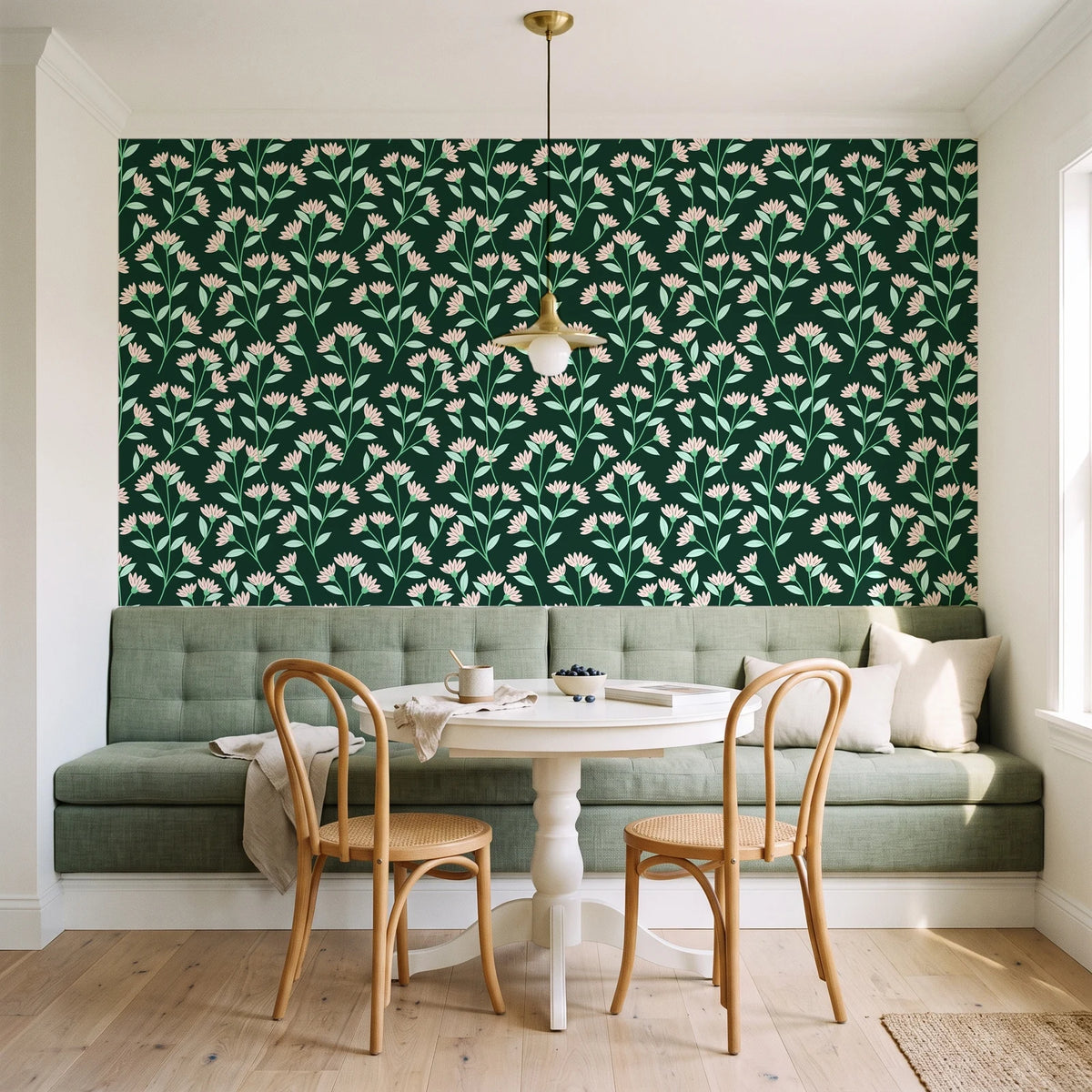 Evening Garden Forest botanical floral wallpaper as a feature wall in a sunlit breakfast nook