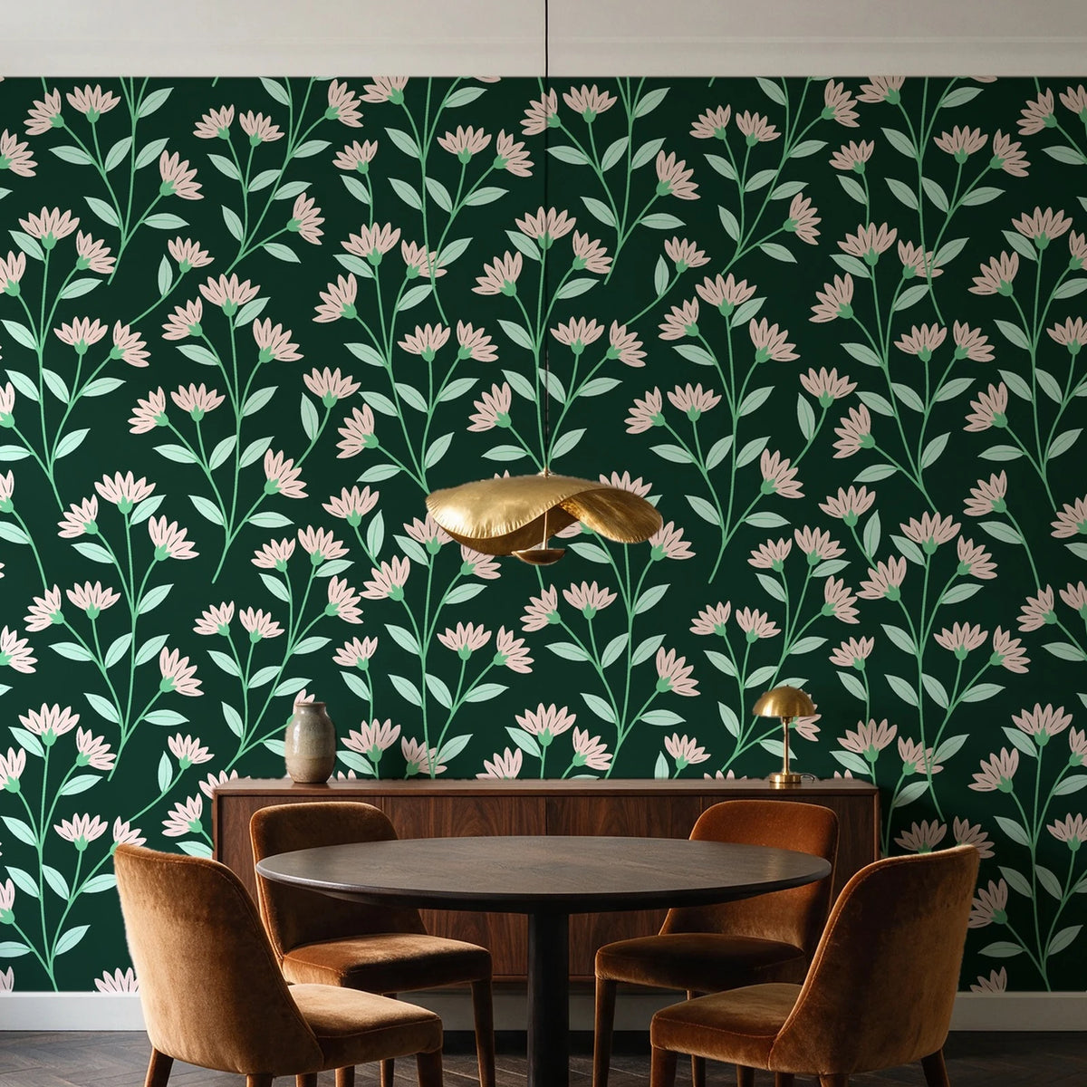 Evening Garden Forest botanical floral wallpaper behind a walnut credenza and round table in an elegant dining room