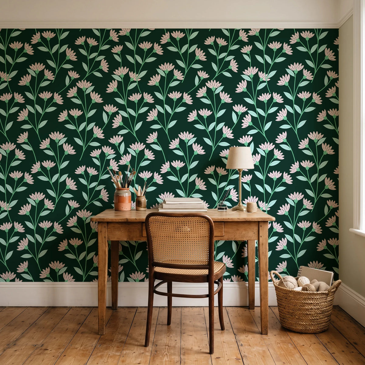 Evening Garden Forest botanical floral wallpaper behind a vintage writing desk in a cozy craft-room home office