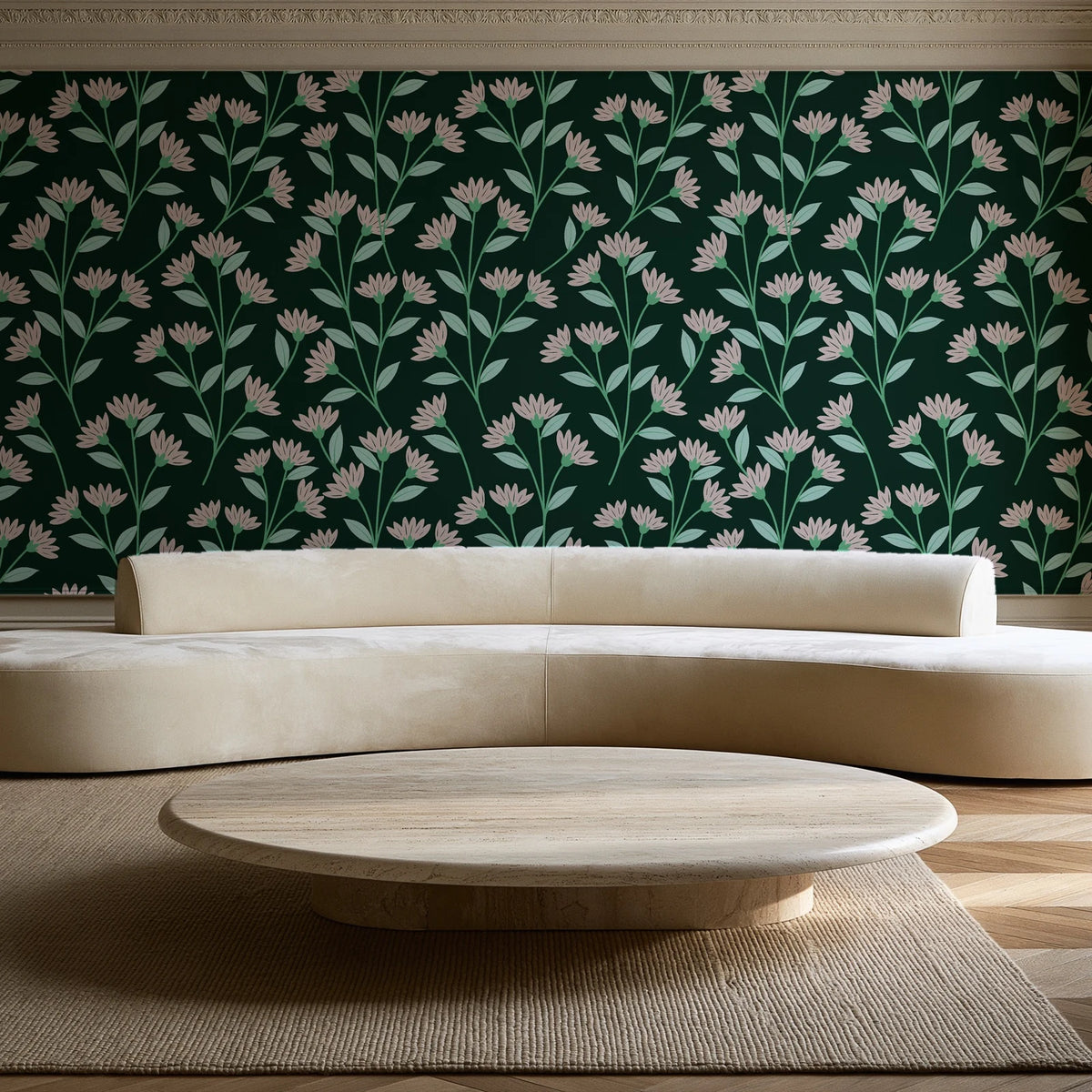 Evening Garden Forest botanical floral wallpaper in an elegant living room