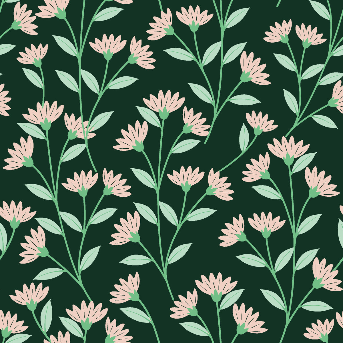 Evening Garden Forest botanical floral wallpaper in forest green and blush