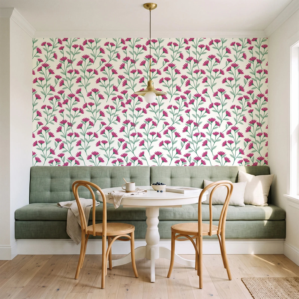 Evening Garden Linen botanical floral wallpaper as a feature wall in a sunlit breakfast nook
