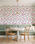 Evening Garden Linen botanical floral wallpaper as a feature wall in a sunlit breakfast nook