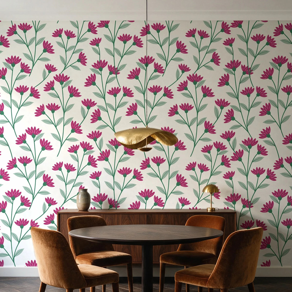 Evening Garden Linen botanical floral wallpaper behind a walnut credenza and round table in an elegant dining room