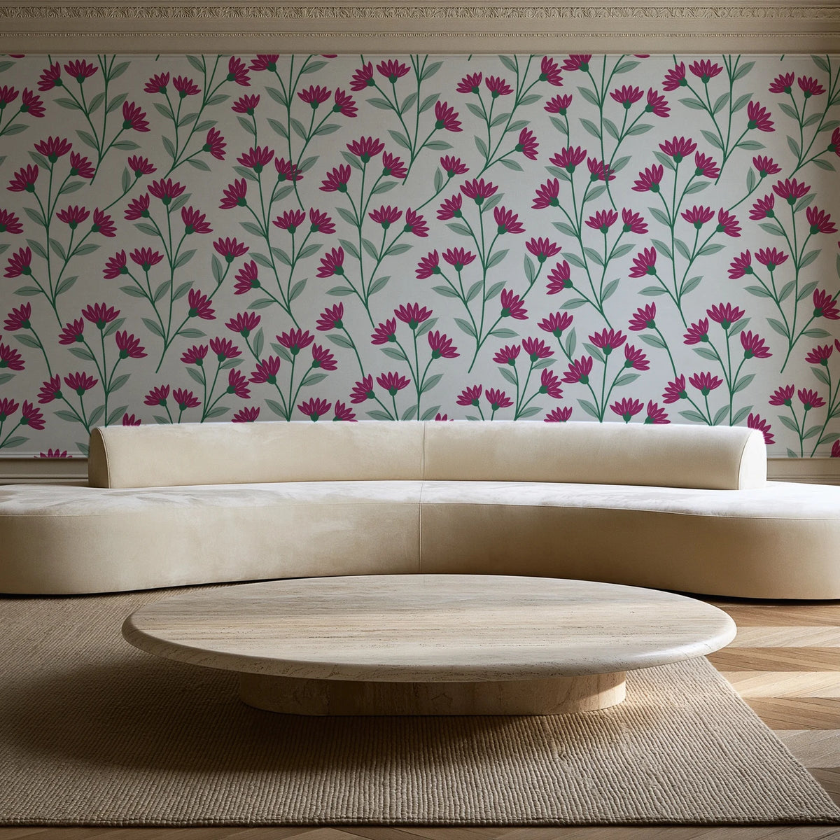 Evening Garden Linen botanical floral wallpaper in an elegant living room