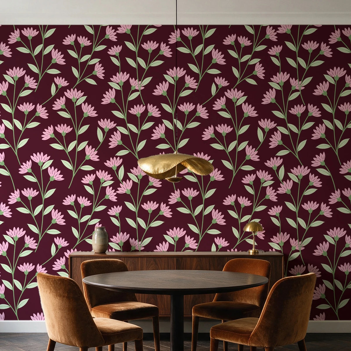 Evening Garden Oxblood botanical floral wallpaper behind a walnut credenza and round table in an elegant dining room