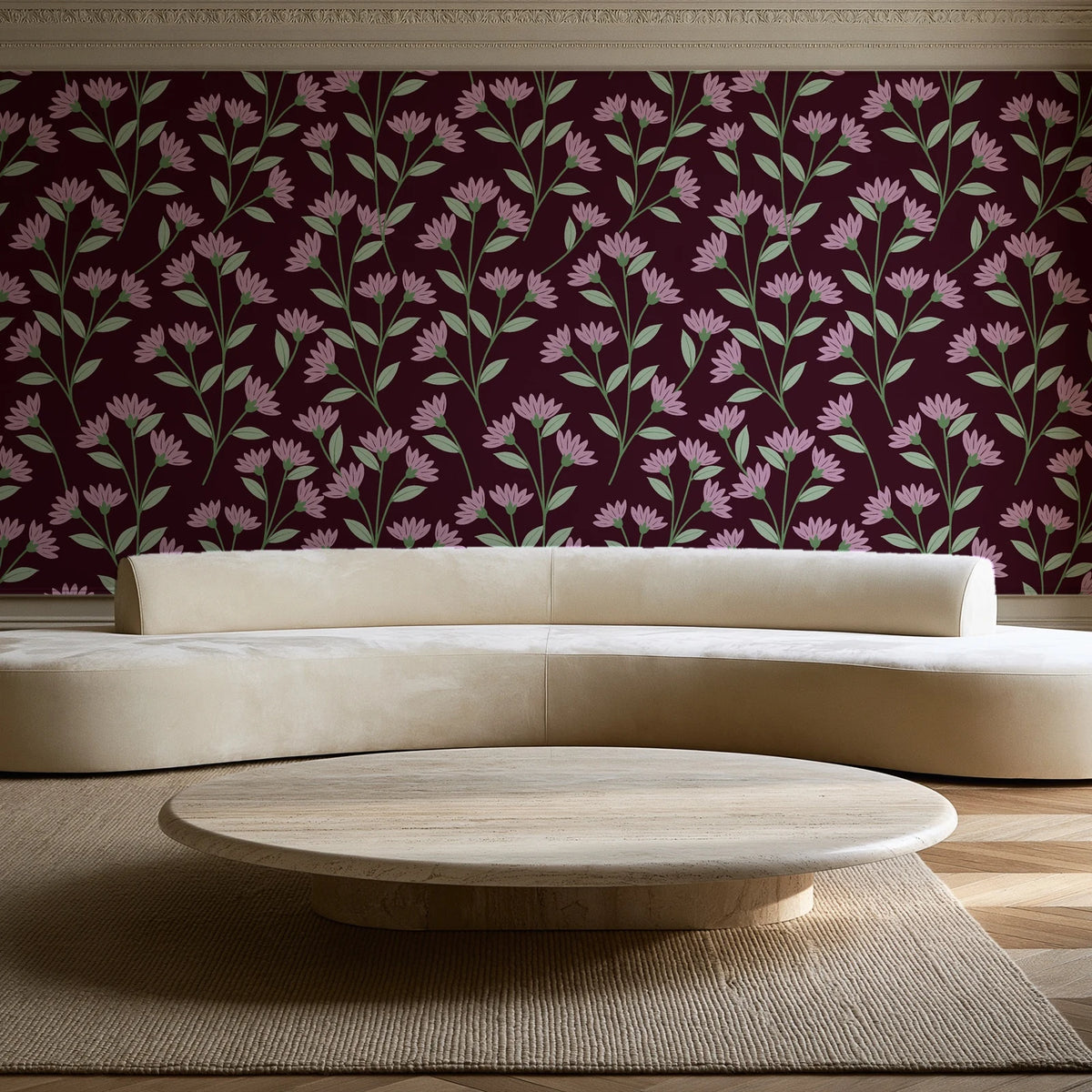 Evening Garden Oxblood botanical floral wallpaper in an elegant living room